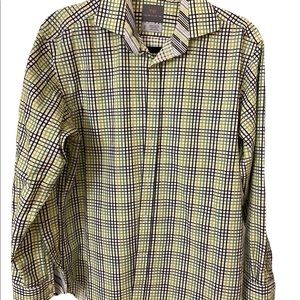 Men’s Thomas Dean Green and Blue Plaid Button Up Dress Shirt - Size M